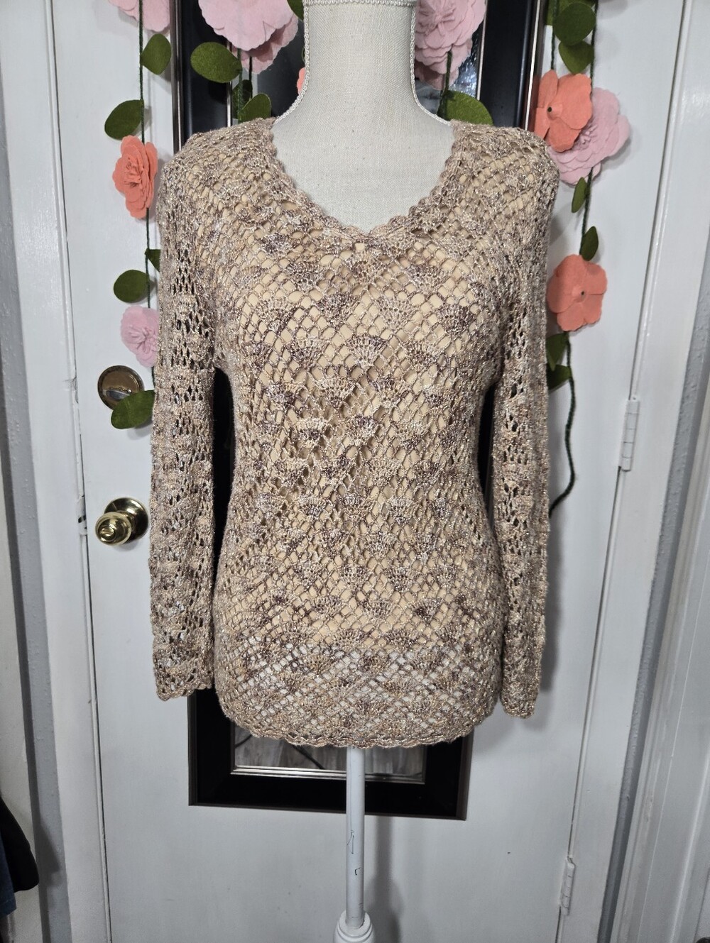 Como Crochet Long Sleeve Blouse Sz M TAN